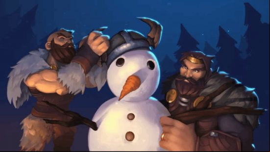Northgard winter update - Two vikings place a horned helmet atop the head of a snowman.