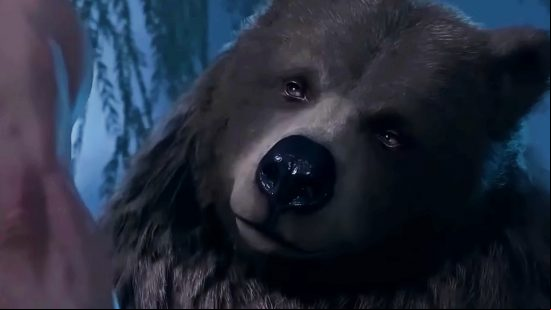 Halsin in bear form appears smirk up at Astarion in the now-infamous bear cutscene in Baldur's Gate 3.