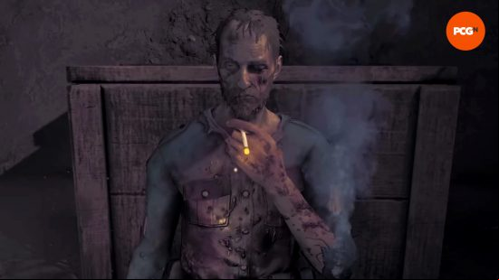 Steam Winter Sale 2023 best games - Amnesia: The Bunker. A haggard man sits against a crate, holding a lit cigarette.