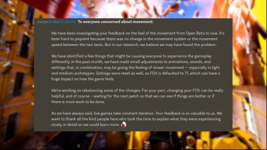 The Finals movement - Statement from Embark Studios: "We have been investigating your  on the feel of the movement from Open Beta to now. It