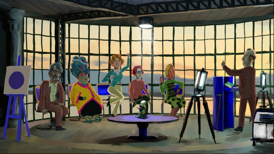 The Rise of the Golden Idol - A series of people sit in a glass-walled studio.
