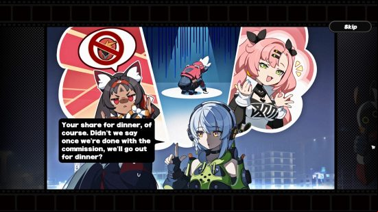 Nekomata, Nicole, and Billy all react as Anby points out that they all had a dinner reservation in Zenless Zone Zero.