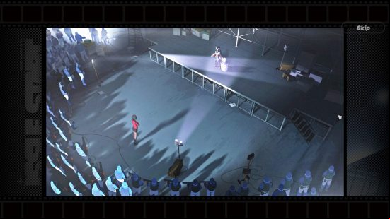 Nekomata stands on an empty stage surrounded by armed militia in her stand-off against the Vision Corporation.