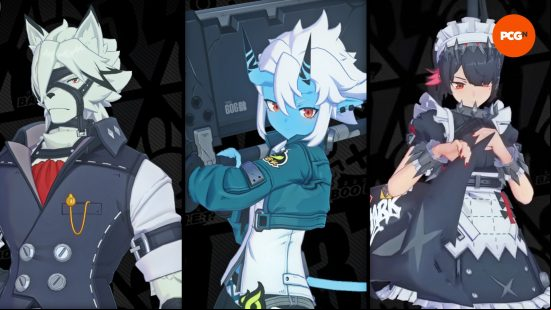 Zenless Zone Zero team comps: Lycaon, Soukaku, and Ellen as they appear on the character selection screen.