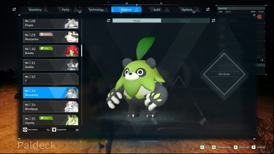 All Palworld pals: a data screen showing the pal Mossanda