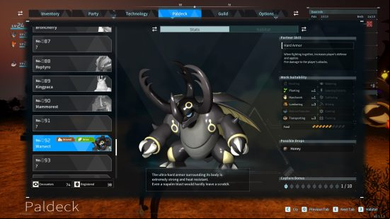 All Palworld pals: a data screen showing the pal Warsect