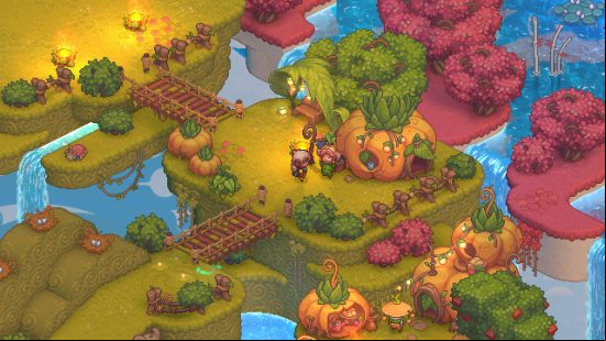 A Stardew Valley style landscape where two characters chat outside of a house in the shape of a pumpkin