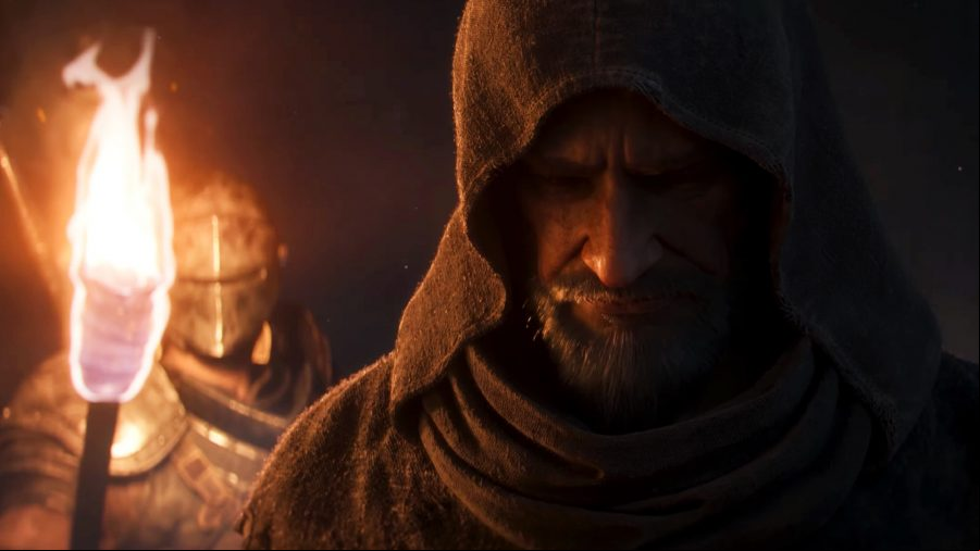 Dungeonborne - A bearded man wearing a black hood, and a person in full armor holding a torch.
