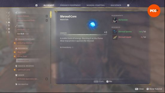 The menu when crafting Shroud Cores with the Alchemist.