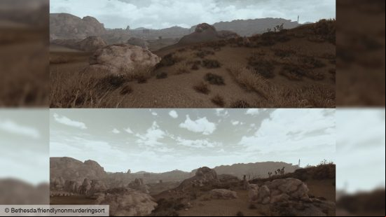 Fallout New Vegas mod Mojave landscapes: a before and after shot of the mod