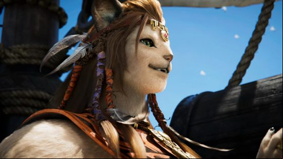 FF14 Dawntrail female Hrothgar - the new playable race introduced with the expansion, a large, strong, cat-like humanoid with large ears, fangs, and a flat nose. Fur covers their bodies, but they also have hair atop their head.