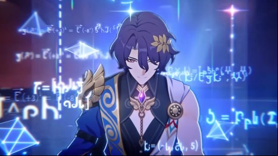 Honkai Star Rail tier list: Dr. Ratio smirks at the viewer as mathematical equations dance around him, illuminated in an eerie blue glow.