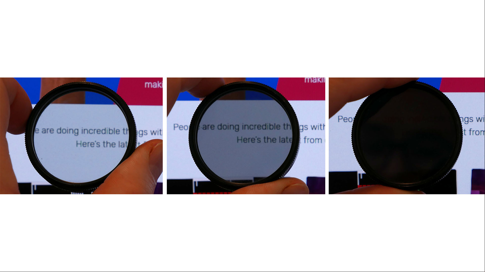 A polarizer in front of an LCD at 0 degrees, 45 degrees, and 90 degrees