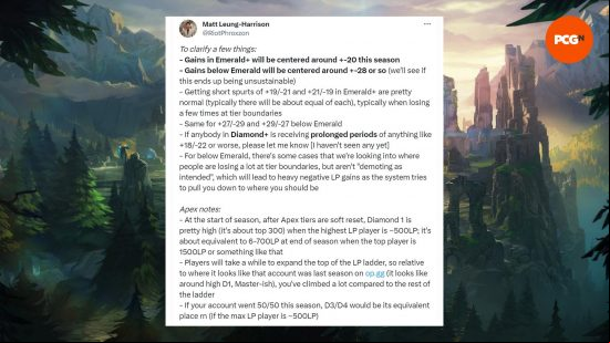 A comment from League of Legends' lead game designer discussing the ranked system in LoL Season 14