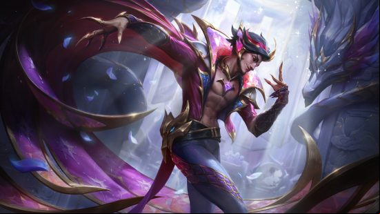 An attractive man with birdlike legs and claws, with black hair dances with his eyes closed, wearing a black and pink outfit as a spectral dragon watches on