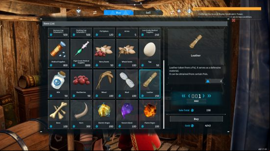 leather being sold in a palworld shop