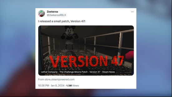 A tweet with an image showing Mickey Mouse in the back of a Lethal Company level. 