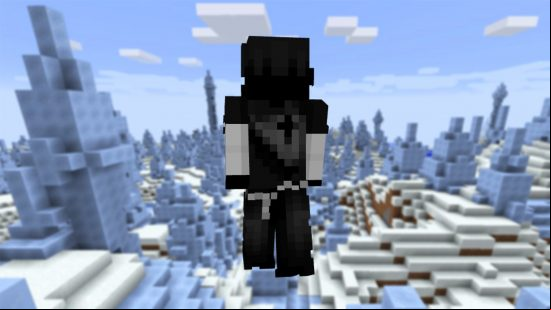 A gothic emo Minecraft boy skin on the backdrop of an icy cold ice spikes biome.