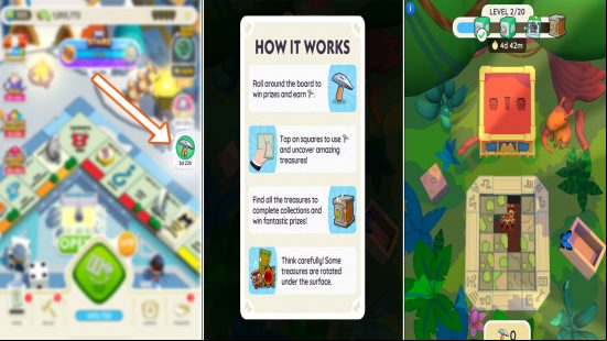 A three-image graphic showing how to play the Monopoly Go Jungle Treasures event.
