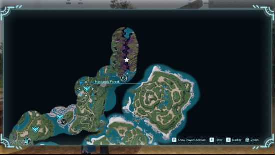 a map of palworld showing the mossanda forest fast travel point