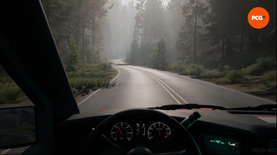 Pacific Drive preview: a view from the cabin of the car