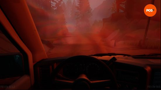 Pacific Drive preview: an ominous red mist surrounds the car