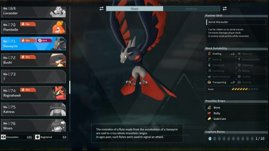 Palworld Paldeck, all pals: a data screen showing the pal Vanwyrm.