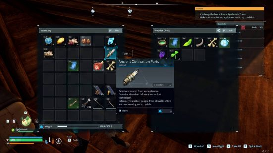 An inventory showing the rare material, Ancient Civilization Parts, in Palworld