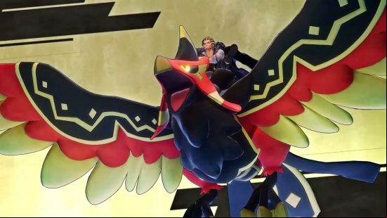 Palworld bosses;: Marcus swoops in on the back of Faleris, a fierce bird of prey with glowing eyes.