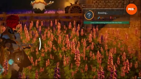 The  interface on the Palworld Breeding screen shows a message confirming breeding