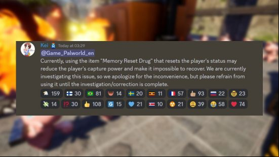 Palworld bug Memory Wiping Medicine: a Discord post on Palworld about the drug that ruins your catching stat