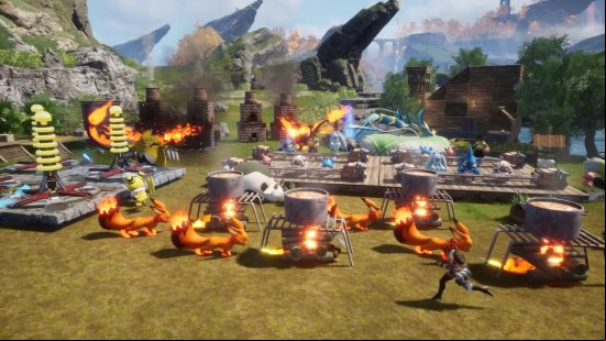 Several Pals are working at the base, including some Foxparks who are Flame element Pals that are pre-heating cauldrons for Palworld cooking.