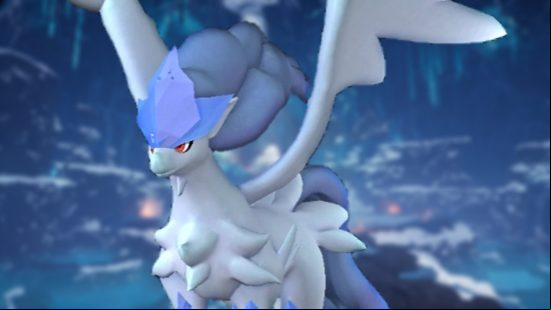 Frostallion, one of the best Palworld Cooling Pals, stretches its wings against a backdrop of the Crystal Ice Cave.