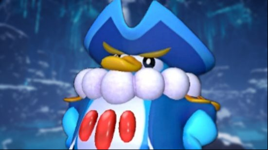 Penking, one of the best Palworld Cooling Pals, poses with its flippers on its hips against a backdrop of the Crystal Ice Cave.