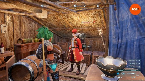 The Pal Tamer approaches a Wandering Merchant within a shack in the Small Settlement on Palpagos Island with the intention of selling Palworld Diamond.
