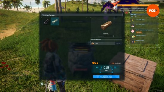 The Palworld ingot recipe inside the primitive furnace UI.