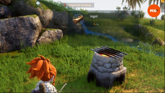 A player looks at a furnace, in which four Palworld ingots have been forged.