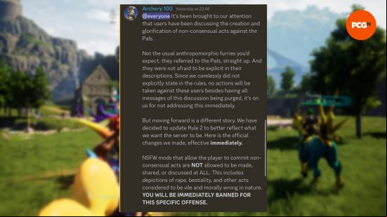 A comment from the Palworld modding Discord server discussing NSFW mods