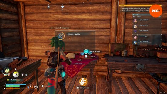 The Pal Tamer stands at a workbench crafting a Nitewing Saddle to unlock Palworld mounts.