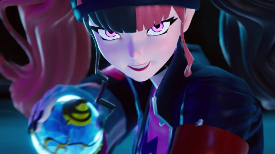 A young anime woman smirking into the camera holding out a round ball device with red and black half dyed hair, and bright pink eyes