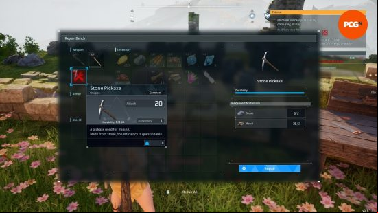 The Palworld repair UI screen