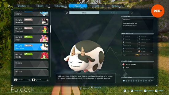 Palworld review: A glimpse of the Paldeck that displays Mozzarina, a bovine Pal that produces milk on the base ranch.