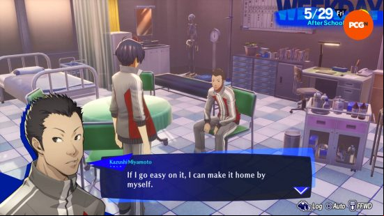 Persona 3 Reload review: the protagonist is visiting a track teammate who is injured.