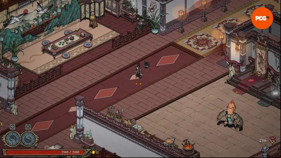 Realm of Ink demo - A screenshot from the game's Sanctuary area, where a Fox in a mech suit acts as a training dummy.