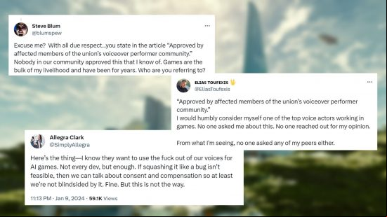 SAG-AFTRA AI voice actor reaction: some tweets on a background
