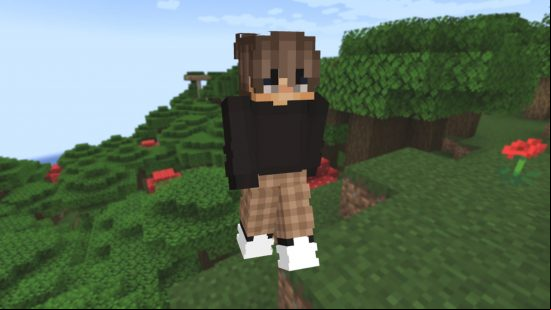 A stylish Minecraft boy skin wears brown plaid pants and a crew neck jumper.