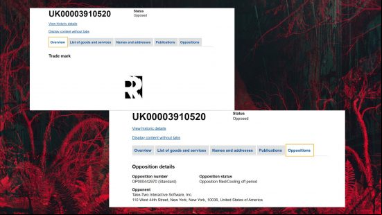 Take-Two Remedy R dispute: images from the IPO in the UK of the trademark dispute