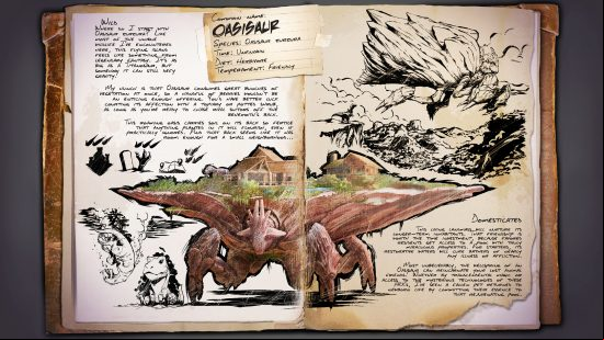 Ark Survival Ascended Oasisaur - A book documenting the physiology of the giant new dinosaur with a floating island on its back.