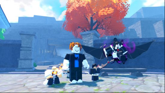 Best Roblox games: A roblox man with three anime characters standing next to a bat lady in Anime Last Stand.