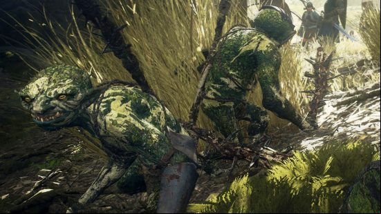 Two Choppers, among the monsters in Dragon's Dogma 2, hide in the forest, blending in with the flora around them.